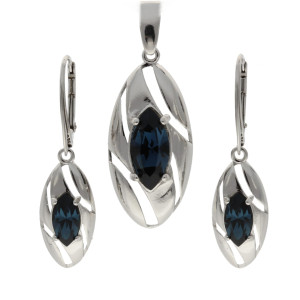 Komplet z granatowymi kryształami owalny srebro
