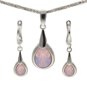 Komplet łezka z różowym kryształem srebro