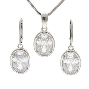 Komplet z białym kryształem owalny srebro