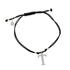 Bransoletka sznurkowa litera T czarna srebro