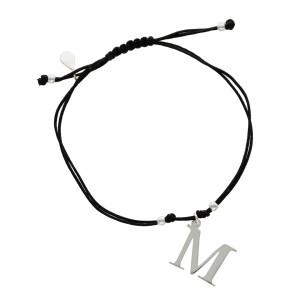 Bransoletka sznurkowa litera M czarna srebro
