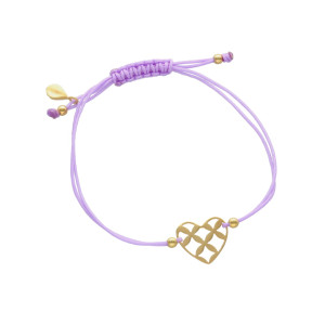 Bransoletka sznurkowa serce fioletowa pozłacana