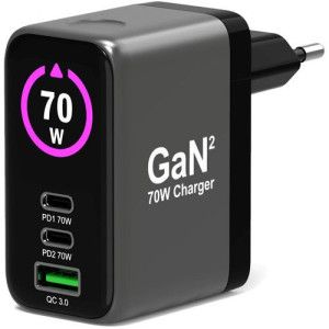 Port Carregador GaN2 USB+ 2 x USB-C  - 70W - Preto