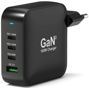 Port Carregador GaN2 USB + 3 x USB-C  - 165 W – Preto 165W GAN