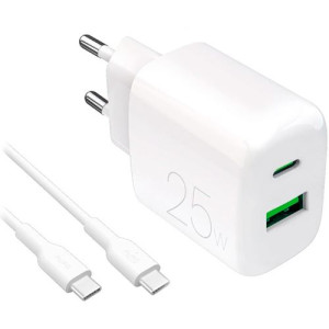 Puro Carregador 2x USB-A / USB-C  Prolite 25W + Cabo USB-C  1,2 M - Branco