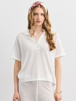 Mohito - Ażurowy sweter polo - kremowy -
