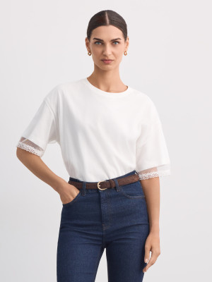 Mohito - T-shirt z siateczką i koronką - kremowy -