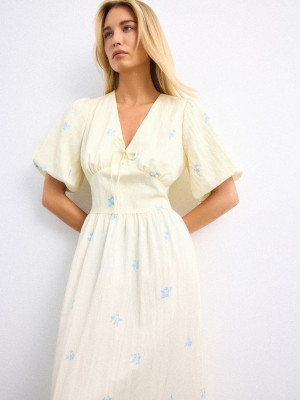 Mohito - Midikleid mit Puffärmeln - Hellgelb - 40