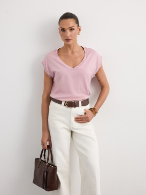 Mohito - T- Shirt mit V-Ausschnitt - Pastellrosa - M