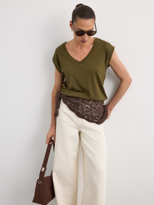 Mohito - T-shirt con scollo a V - cachi - S