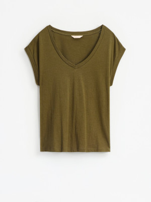 Mohito - T- Shirt mit V-Ausschnitt - Khaki - L