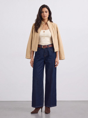 Mohito - Jeansy wide leg z paskiem petite - granatowy -