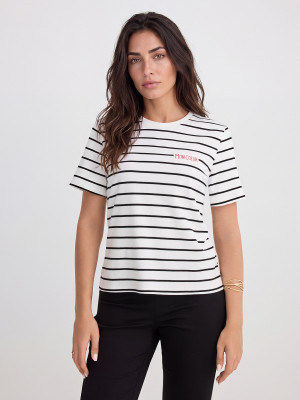 Mohito - Gestreiftes Baumwoll-T-Shirt - Weiß - XL
