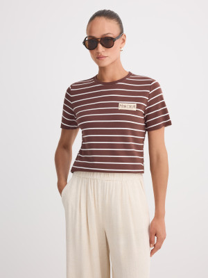 Mohito - Gestreiftes Baumwoll-T-Shirt - Braun - XXS