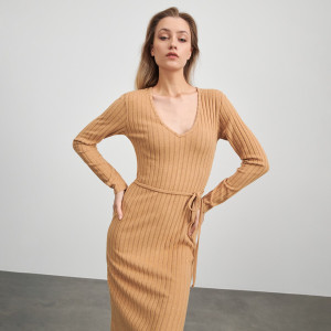 Sinsay - Midikleid mit Gürtel - Beige - damen - 157AC-80X