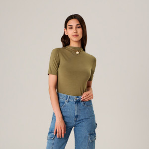 Sinsay - Koszulka gładka - Khaki - damski - 3660B-79X