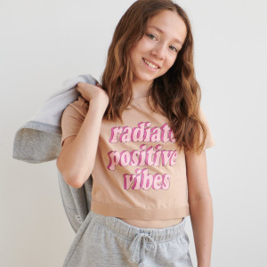Sinsay - Crop top z nadrukiem - Beżowy - dziewczynka - 4294P-08X