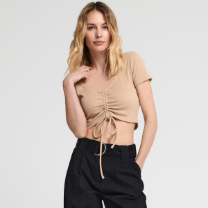 Sinsay - Crop top z wiązaniem - Beżowy - damski - 4728F-12X