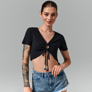 Sinsay - Crop top z wiązaniem - Czarny - damski - 5828F-99X