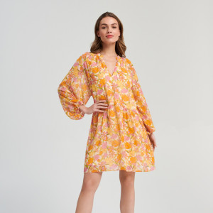 Sinsay - Sukienka mini z bufiastymi rękawami - Wielobarwny - damski - 6596F-MLC