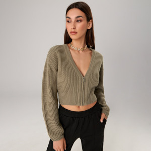 Sinsay - Kardigan krótki prążkowany - Khaki - damski - 7359J-79X