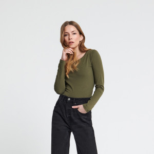 Sinsay - Langarmshirt Basic mit hohem Baumwollanteil - Khakigrün - damen - 7947A-79X