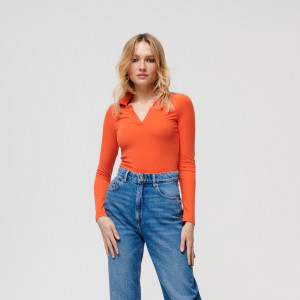 Sinsay - Camiseta de manga larga de punto acanalado - Naranja - Mujeres - ZT892-28X