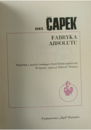Fabryka Absolutu - Karel Capek - książka  wyd. 1971