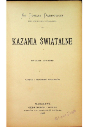 Kazania świątalne, 1902 r. - Tomasz Dąbrowski - książka  wyd. 1902