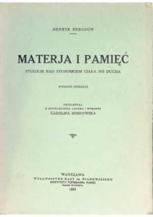 Materja i pamięć 1930 r. - Henryk Bergson - książka  wyd. 1930