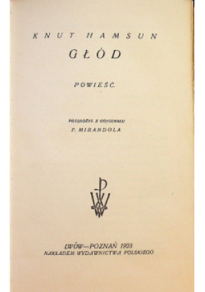 Głód 1923 r. - Knut Hamsun - książka  wyd. 1923