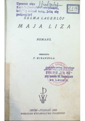 Maja Liza, 1925r. - Selma Lagerlof - książka  wyd. 1925