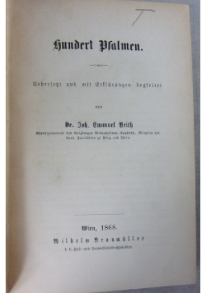 Hundert Psalmen, 1868 - Dr. Joh. Emmanuel Beith - książka  wyd. 1868