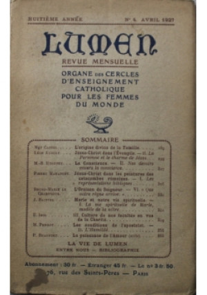 Lumen Revue Mensuelle 1927 r - Praca Zbiorowa - książka  wyd. 1947