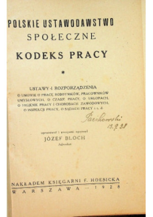 Kodeks pracy 1928 r. - Józef Bloch (opr.) - książka  wyd. 1928
