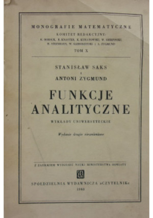 Funkcje analityczne 1948 r. - S.Saks - książka  wyd. 1948