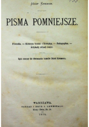 Pisma pomniejsze 1879 r. - Józef Kremer - książka  wyd. 1879
