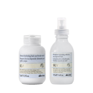 Davines SU | Szampon i żel do mycia ciała i włosów po opalaniu 75ml + SU | Ochronno-nawilżające mleczko do włosów w sprayu 135ml zestaw