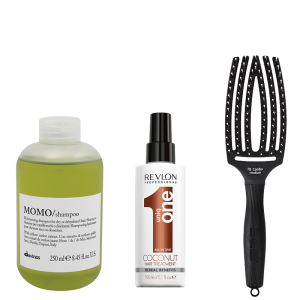 Davines Momo | Szampon nawilżający do włosów suchych 250ml + Kokosowa kuracja do włosów 10in1 150ml + Szczotka do rozczesywania i masażu - rozmiar M