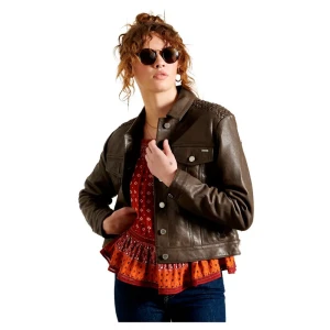 Superdry Veste Leather Stateside Tan L Femme