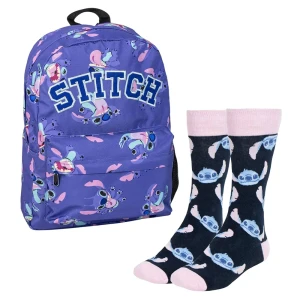 Cerda Stitch Ensemble De Conception De Visage De Sac à Dos D´école Et De Chaussettes Stitch 16l Purple One Size unisex