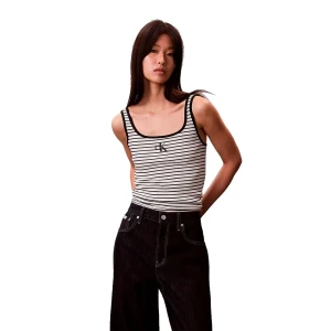 Calvin Klein Jeans T-shirt Sans Manches Striped Monologo Scoop Nk Rib Black Stripe M Femme