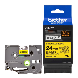 Taśma Brother TZe-S651 24 mm x 8 m / żółta / czarny nadruk / mocny klej / do drukarek Brother P-touch