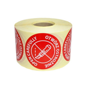 Etykiety termotransferowe Specmark fi 70 mm 1000 szt. / okrągłe / ostrzegawcze / OTWÓRZ OSTROŻNIE / gilza fi40 