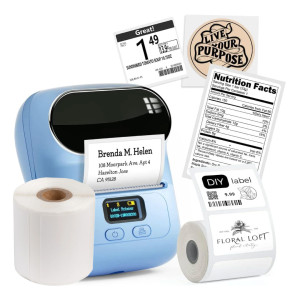 Mini drukarka etykiet Phomemo M110 niebieska 203 dpi / do 50 mm / PC / Mac / Smartfon / BT / USB / z 2 szt. rolek etykiet w zestawie 