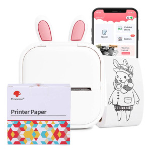 Mini drukarka etykiet Phomemo T02 biała 203 dpi / do 50 mm / Smartfon / BT / z 3 szt. taśm i ETUI Rabbit w zestawie 