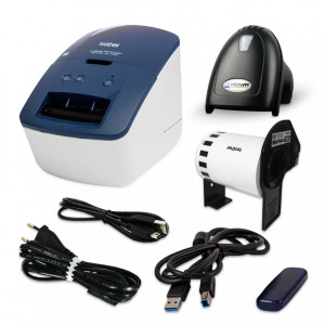 Drukarka etykiet Brother QL-600B 300 dpi / do 62 mm / PC / Mac / USB / z czytnikiem kodów HDWR HD43 w zestawie 