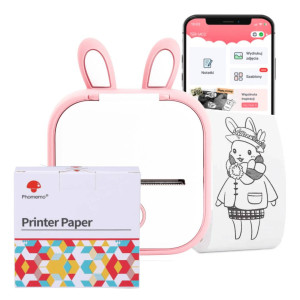 Mini drukarka etykiet Phomemo T02 różowa 203 dpi / do 50 mm / Smartfon / BT / z 3 szt. taśm i ETUI Rabbit w zestawie 
