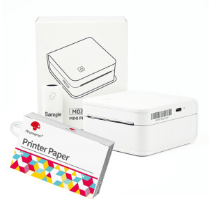 Mini drukarka etykiet Phomemo M02 Pro biała 300 dpi / do 53 mm / BT / z 3 szt. rolek etykiet w zestawie 