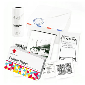 Mini drukarka etykiet Phomemo M02S biała 300 dpi / do 53 mm / Smarfon / BT / z 3 szt. rolek etykiet w zestawie 